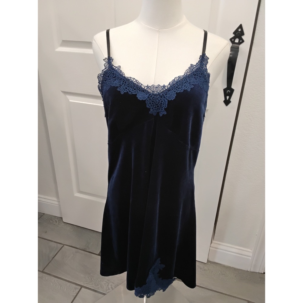 Navy Blue Velvet Lace Trim Slip Dress Nightgown Adjustable Straps 2XL